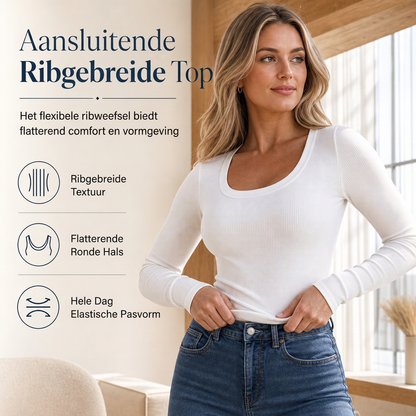 Vrouwen vierkante hals lange mouwen geribbelde gebreide slim fit T-shirt