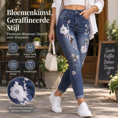 Dames elastische jeans met bloem borduursel en skinny pasvorm