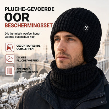 Heren Gebreide Wintermuts met Geïntegreerde Nekwarmer en Oorflappen, Dikke Voering, Grote Maat, Muts voor Koud Weer