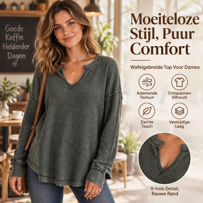 Dames Wafelbreisel Lange Mouwen V-Hals Top