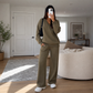 Dames gebreid V-hals trui & wijde broek set