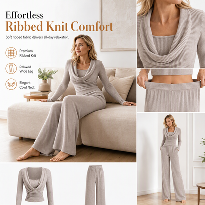 Casual gebreide tweedelige set voor dames, bestaande uit een top met lange mouwen en een getailleerde pas, en een broek met hoge taille en wijde pijpen