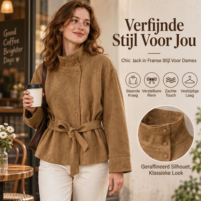 Elegant damesjack met opstaande kraag en riem