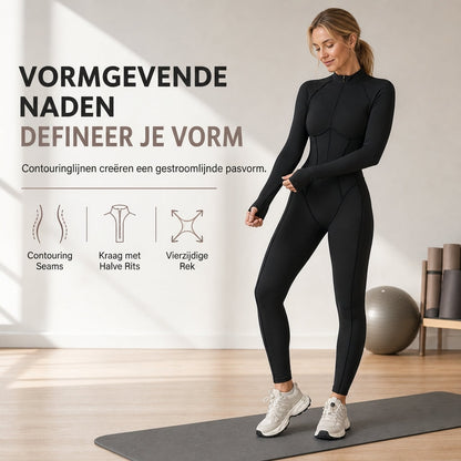 Dames jumpsuit met ribgebreide mock-hals en halve rits, hoge impact yoga en fitness bodysuit