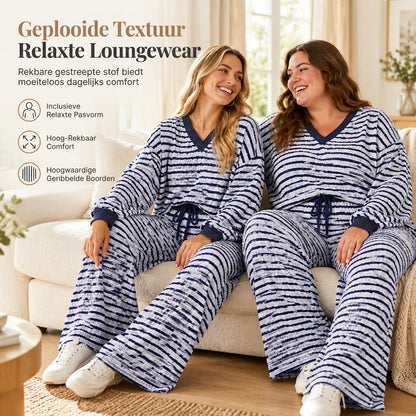 Vrouwen Gestreepte Casual Loungewear Set Lange Mouwen V-Hals Top en Broek met Wijde Pijpen Tweedelig Ontspannen Pasvorm