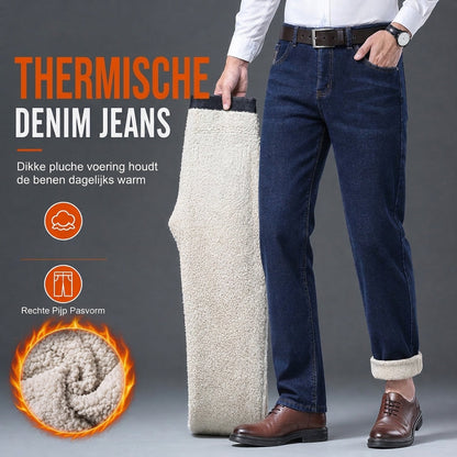 Heren Winter Warm Gevoerde Jeans Los RechterPijlen Casual Denim Broek