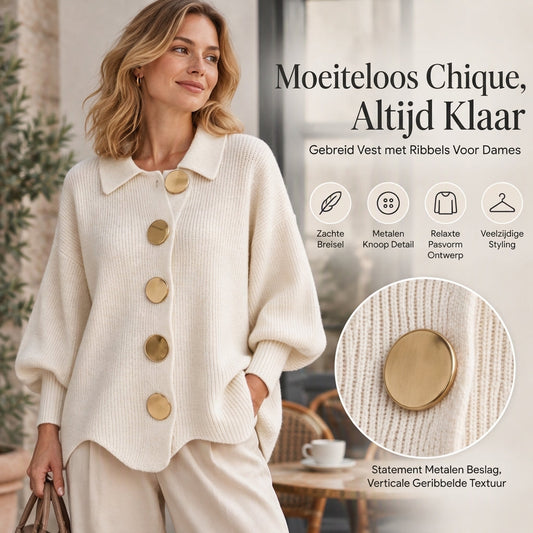 🔥Gratis verzending✈️Dames Elegante revers gebreid vest met gouden knopen