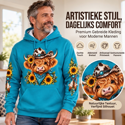 Heren hoodie met highland-koe-print en zak