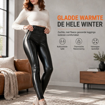 Dames leggings van PU-leer met hoge taille, gevoerd met fleece, extreem zacht en warme winterbroek