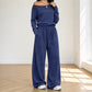 Dames set met off-shoulder lange mouwen top & wijde pijpen broek
