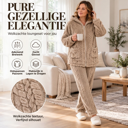 Dames Pluche Kabelgebreid Hoodie Jas & Broek Set