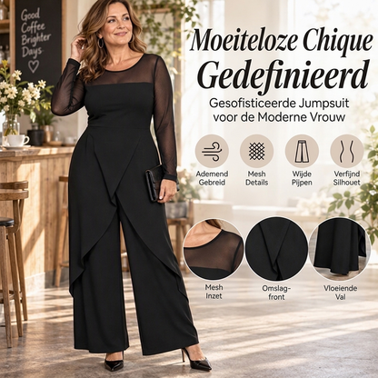 Elegante dames jumpsuit van mesh met lange mouwen en wikkeloverlay