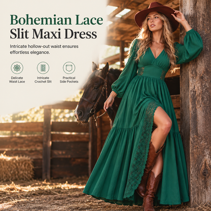 Bohemian maxi-jurk voor dames met V-hals, lange mouwen, kanten patchwork en gelaagde rok, voorzien van zakken