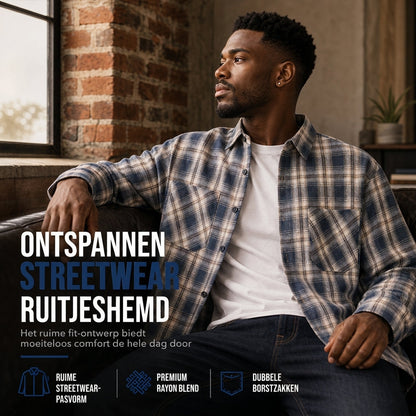 Unisex casual overhemd met een losse pasvorm, ruitpatroon en knoopsluiting, geschikt voor heren en dames