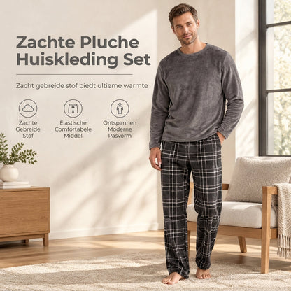 Zachte, pluizige gebreide loungwear-pyjamaset voor heren met effen shirt met ronde hals en geruite broek