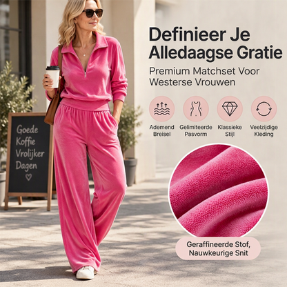 Dames Retro Pullover met Halve Rits & Wijde Broek Set