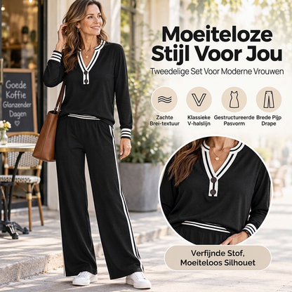 Tweedelige Dames Set met V-hals en Wijde Broek