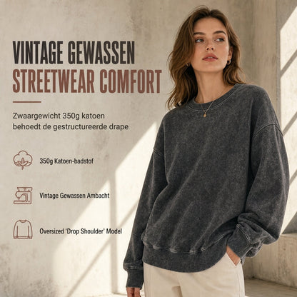 Unisex Vintage Gewassen Zwaargewicht Ronde Hals Pullover Sweatshirt